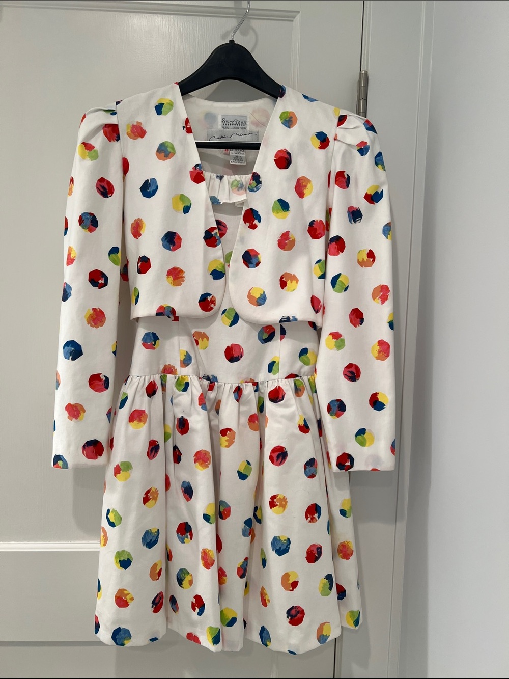1991 vintage Sweet Teen Parisian White Polka Dot Dress with Cropped Jacket